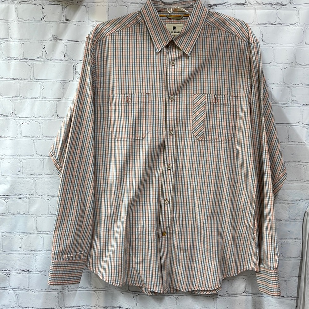 Life Khaki slim fit plaid large button down shirt
